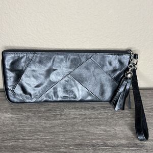 Black Leather Patchwork  Wristlet Wallet Purse Card ID Holder  Tassel